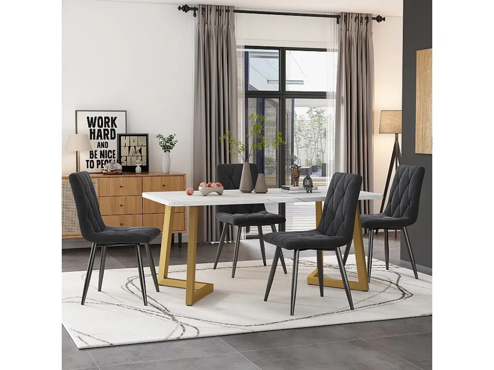 Tafelset + 4 fluwelen stoelen - goud metalen poten - grijs en wit Merax