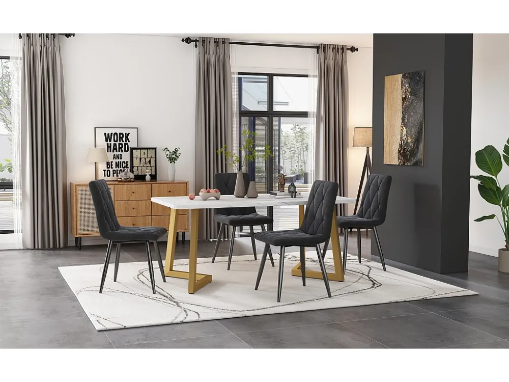 Tafelset + 4 fluwelen stoelen - goud metalen poten - grijs en wit Merax