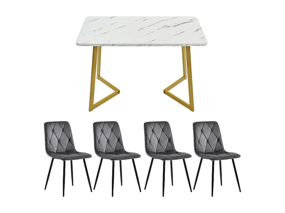 Tafelset + 4 fluwelen stoelen - goud metalen poten - grijs en wit Merax