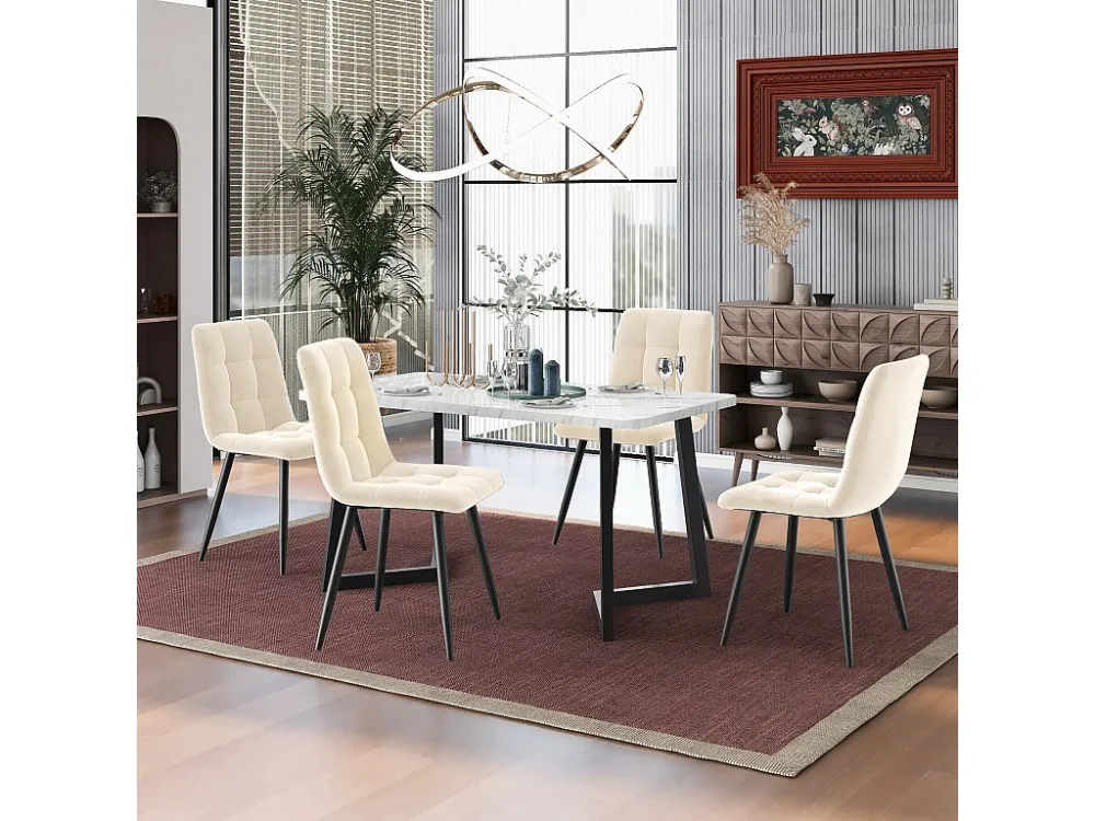 Tafelset + 4 fluwelen stoelen - metalen poten - beige Merax