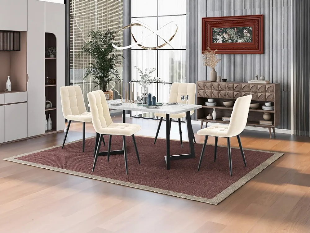 Tafelset + 4 fluwelen stoelen - metalen poten - beige Merax