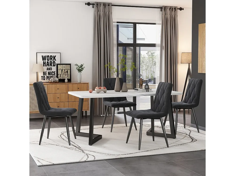 Tafelset + 4 fluwelen stoelen - metalen poten - grijs en wit Merax