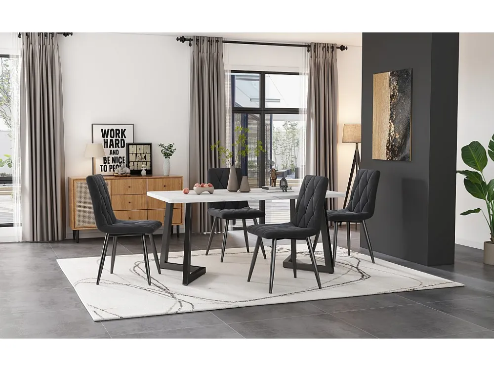Tafelset + 4 fluwelen stoelen - metalen poten - grijs en wit Merax