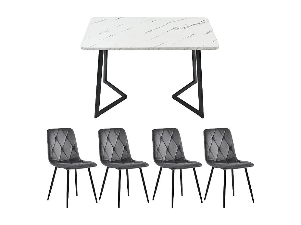 Tafelset + 4 fluwelen stoelen - metalen poten - grijs en wit Merax