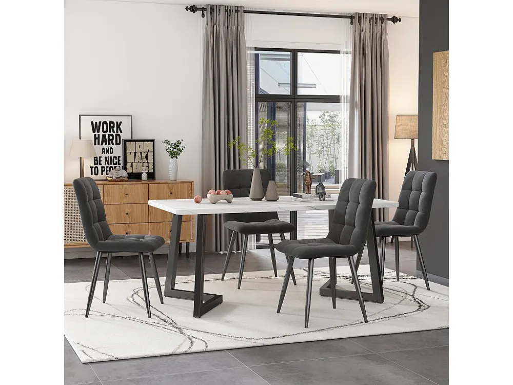 Tafelset + 4 fluwelen stoelen - metalen poten - grijs en wit Merax