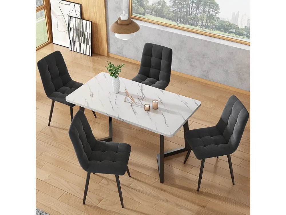 Tafelset + 4 fluwelen stoelen - metalen poten - grijs en wit Merax