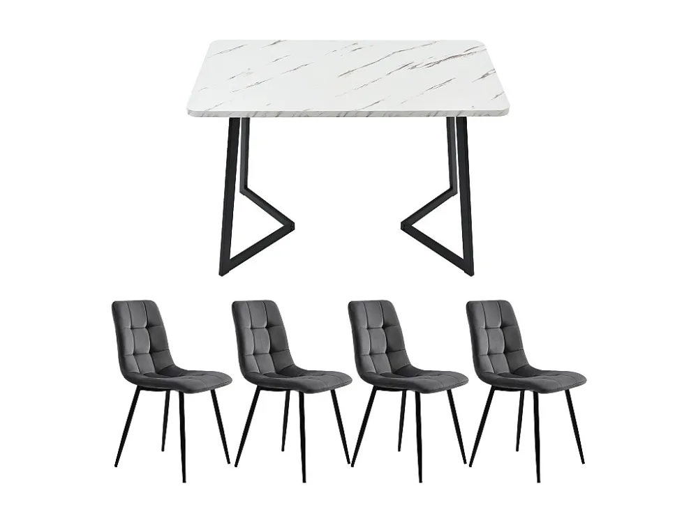 Tafelset + 4 fluwelen stoelen - metalen poten - grijs en wit Merax