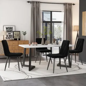 Tafelset + 4 fluwelen stoelen - metalen poten - zwart en wit Merax