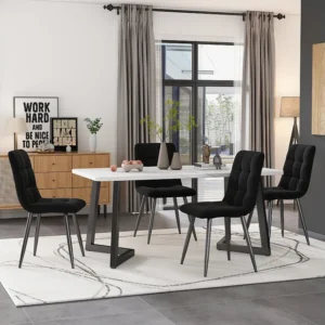 Tafelset + 4 fluwelen stoelen - metalen poten - zwart en wit Merax