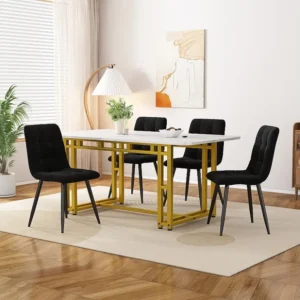 Tafelset + 4 fluwelen stoelen - tafel 120 x 70 cm - goud metalen poten - zwart en wit Merax