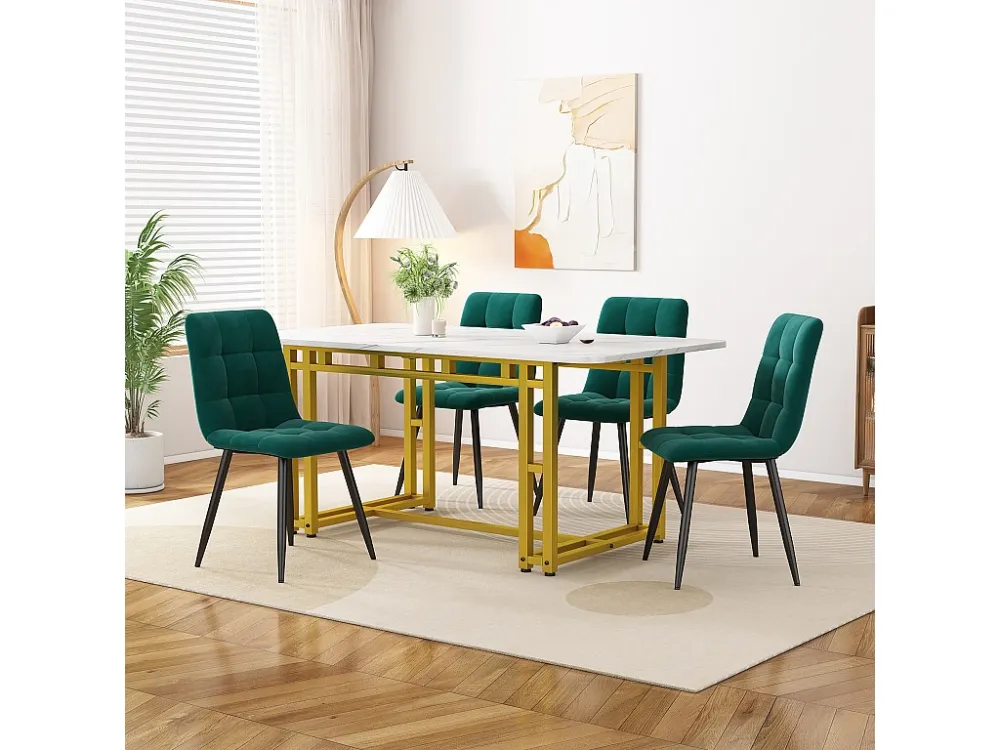 Tafelset + 4 fluwelen stoelen - tafel 120 x 70 cm - goud metalen poten - groen en wit Merax