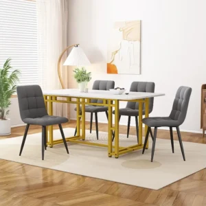 Tafelset + 4 fluwelen stoelen - tafel 120 x 70 cm - goud metalen poten - grijs en wit Merax
