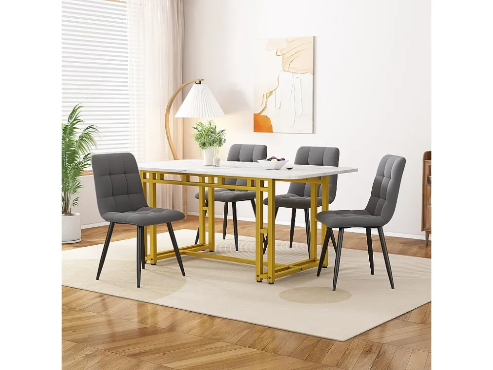 Tafelset + 4 fluwelen stoelen - tafel 120 x 70 cm - goud metalen poten - grijs en wit Merax
