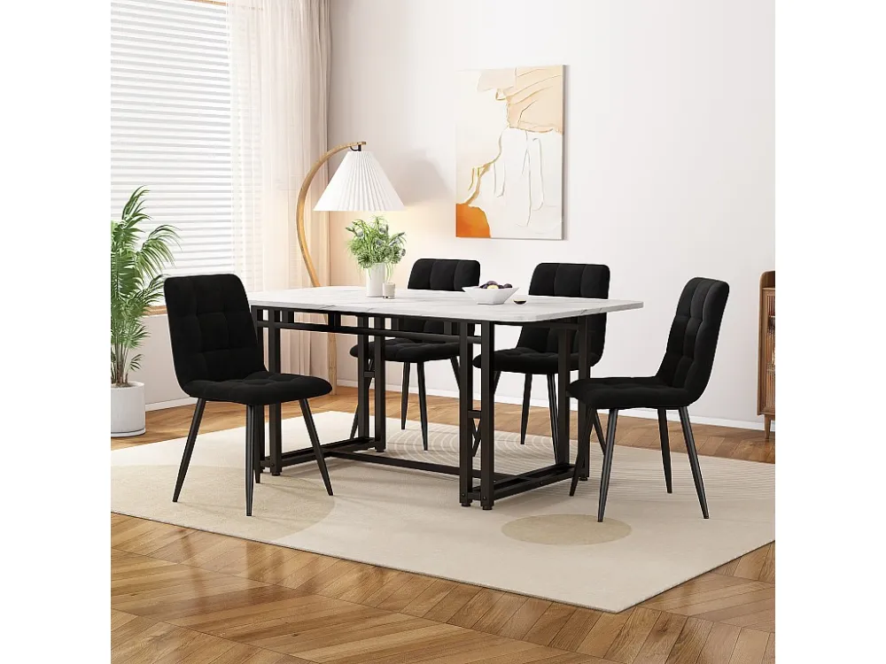 Tafelset + 4 fluwelen stoelen - tafel 120 x 70 cm - metalen poten - zwart en wit Merax