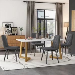 Tafelset + 4 linnen stoelen - goud metalen poten - grijs en wit Merax