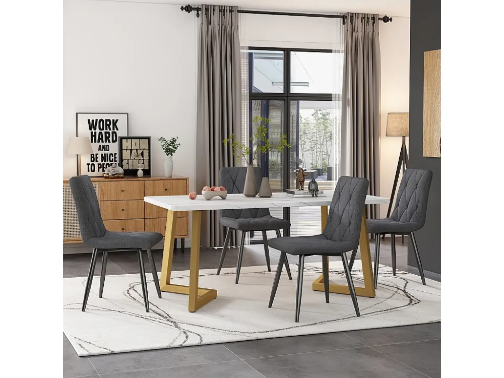 Tafelset + 4 linnen stoelen - goud metalen poten - grijs en wit Merax