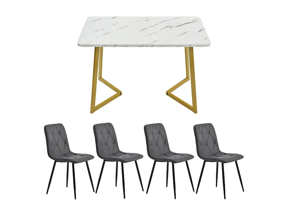 Tafelset + 4 linnen stoelen - goud metalen poten - grijs en wit Merax