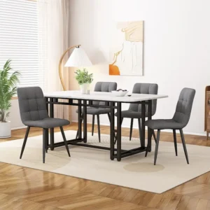 Tafelset + 4 linnen stoelen - tafel 120 x 70 cm - metalen poten - grijs en wit Merax