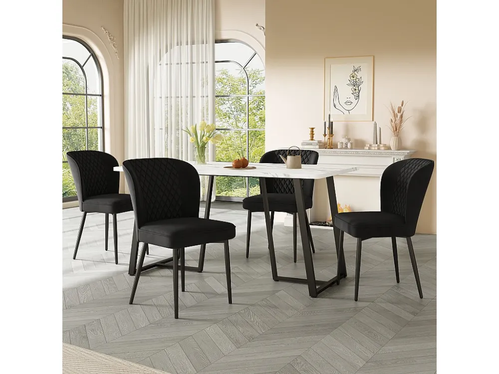 Tafelset met 4 fluwelen stoelen - MDF + metaal - zwart Merax