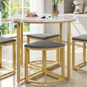 Eettafel en 4 stoelen - MDF blad, verguld ijzeren frame en grijs fluwelen kussens - Wit & Goud ModernLuxe
