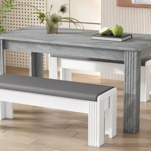 Set tafel en 2 banken - gewatteerde bank met kunstleer kussen - moderne stijl - grijs ModernLuxe