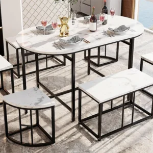 Set tafel en 6 stoelen - 4 kleine krukjes + 2 banken - zwart ModernLuxe