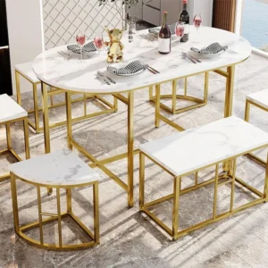 Set tafel en 6 stoelen - 4 kleine krukjes + 2 banken - goud ModernLuxe