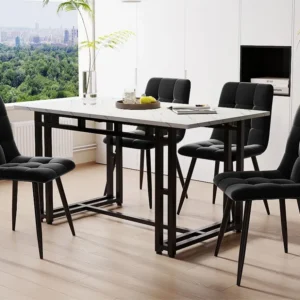 Set tafel en 4 stoelen - zwart metalen tafel - zwart fluwelen stoel ModernLuxe