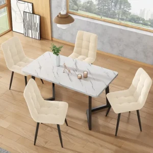 Set tafel en 4 stoelen - zwarte tafel 117x68cm - metalen structuur - beige fluwelen stoel ModernLuxe