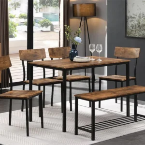 Tafel en 4 stoelen set 1 bank - 6 plaatsen - stalen frame - industriële stijl - bruin ModernLuxe