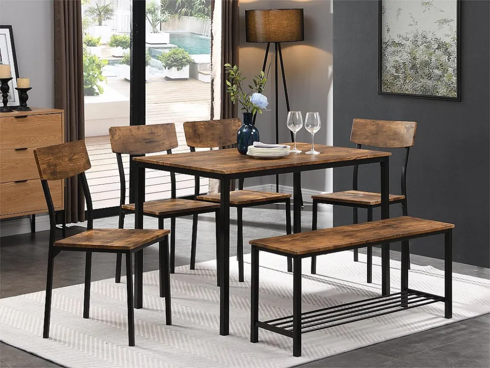 Tafel en 4 stoelen set 1 bank - 6 plaatsen - stalen frame - industriële stijl - bruin ModernLuxe