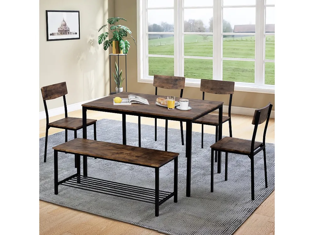 Tafel en 4 stoelen set 1 bank - 6 plaatsen - stalen frame - industriële stijl - bruin ModernLuxe
