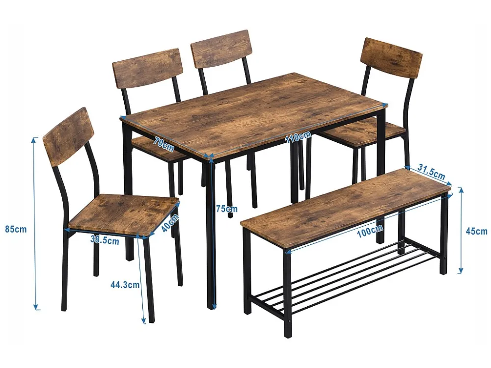 Tafel en 4 stoelen set 1 bank - 6 plaatsen - stalen frame - industriële stijl - bruin ModernLuxe