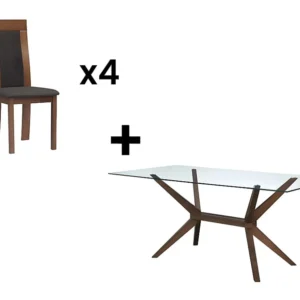 Set tafel van gehard glas en beuken + 4 stoelen van stof en beuken - Noten en antraciet. BELINDA