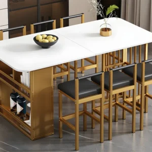 Set tafel en 6 stoelen - tafel met opbergplanken - stoelen met kunstleren kussen - Wit & Goud ModernLuxe
