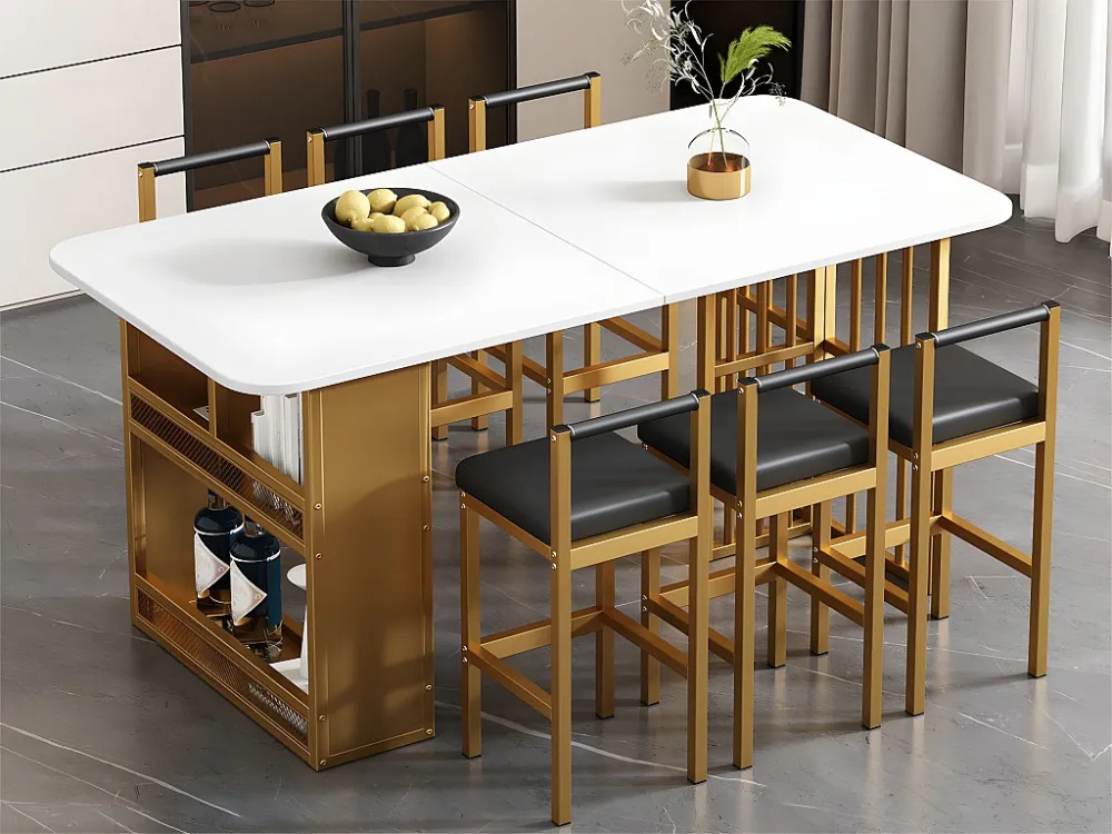 Set tafel en 6 stoelen - tafel met opbergplanken - stoelen met kunstleren kussen - Wit & Goud ModernLuxe