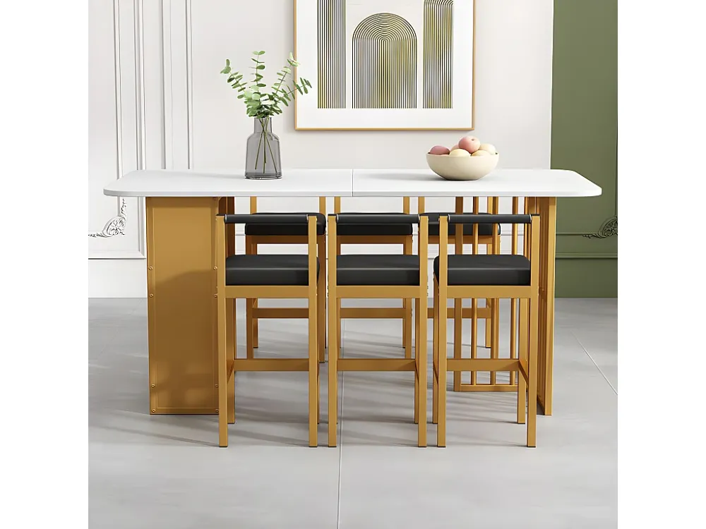 Set tafel en 6 stoelen - tafel met opbergplanken - stoelen met kunstleren kussen - Wit & Goud ModernLuxe