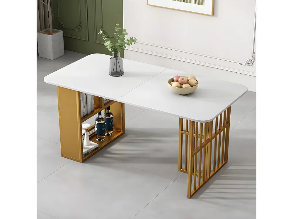 Set tafel en 6 stoelen - tafel met opbergplanken - stoelen met kunstleren kussen - Wit & Goud ModernLuxe