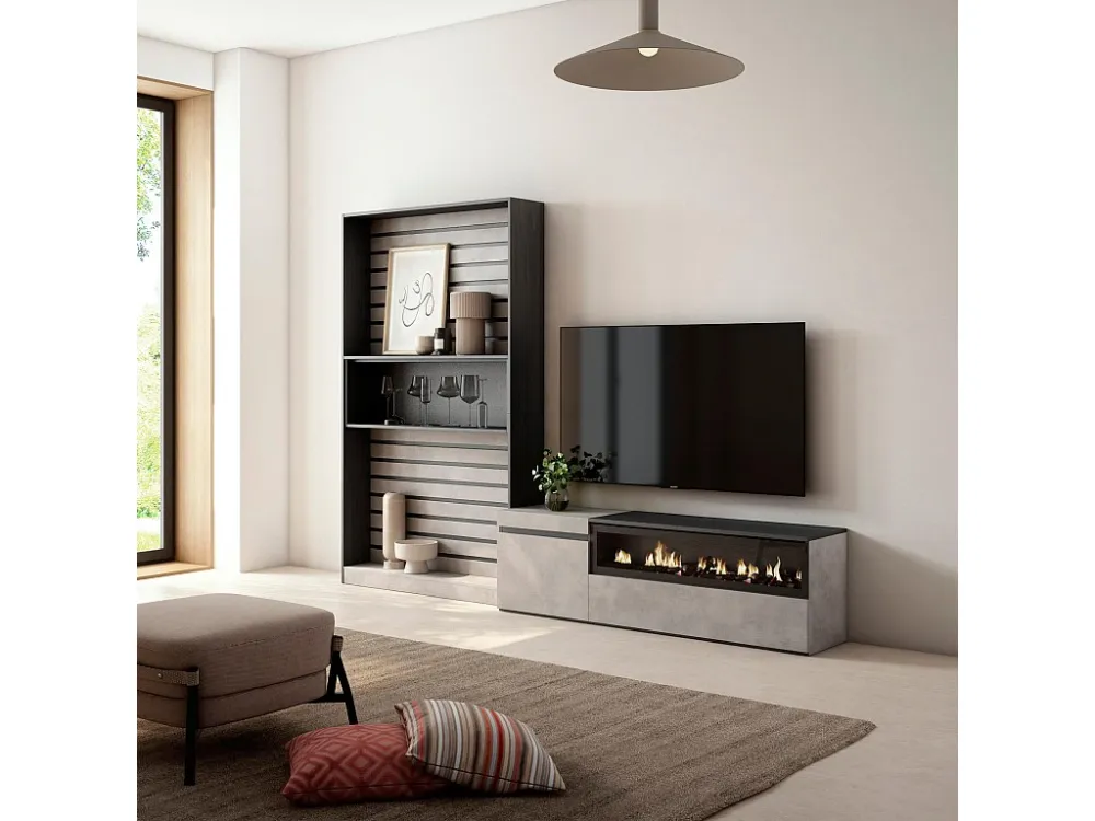 Meubels voor woonkamer, 260x186x35cm, Voor tv's tot 65", Elektrische haard, Cement Skraut Home