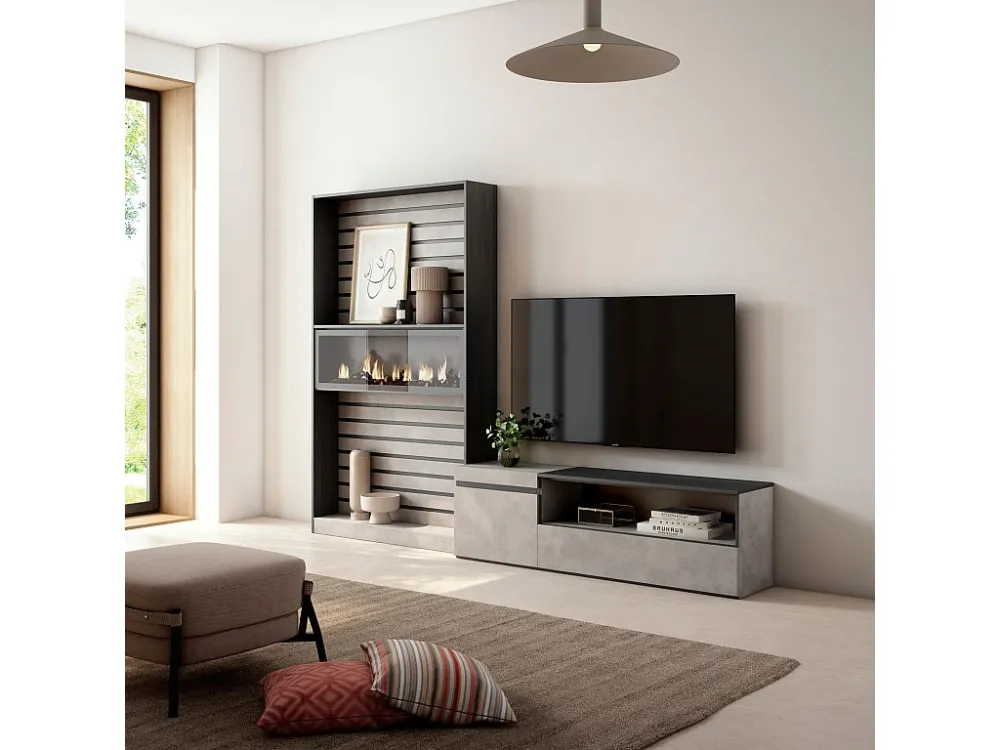 Meubels voor woonkamer, 260x186x35cm, Voor tv's tot 65", Elektrische haard, Cement Skraut Home