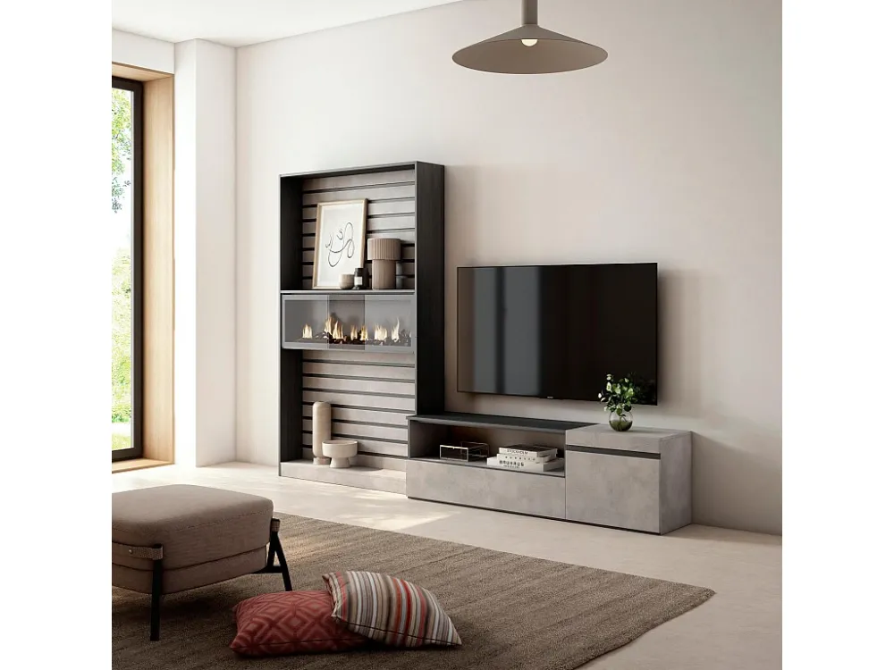 Meubels voor woonkamer, 260x186x35cm, Voor tv's tot 65", Elektrische haard, Cement Skraut Home
