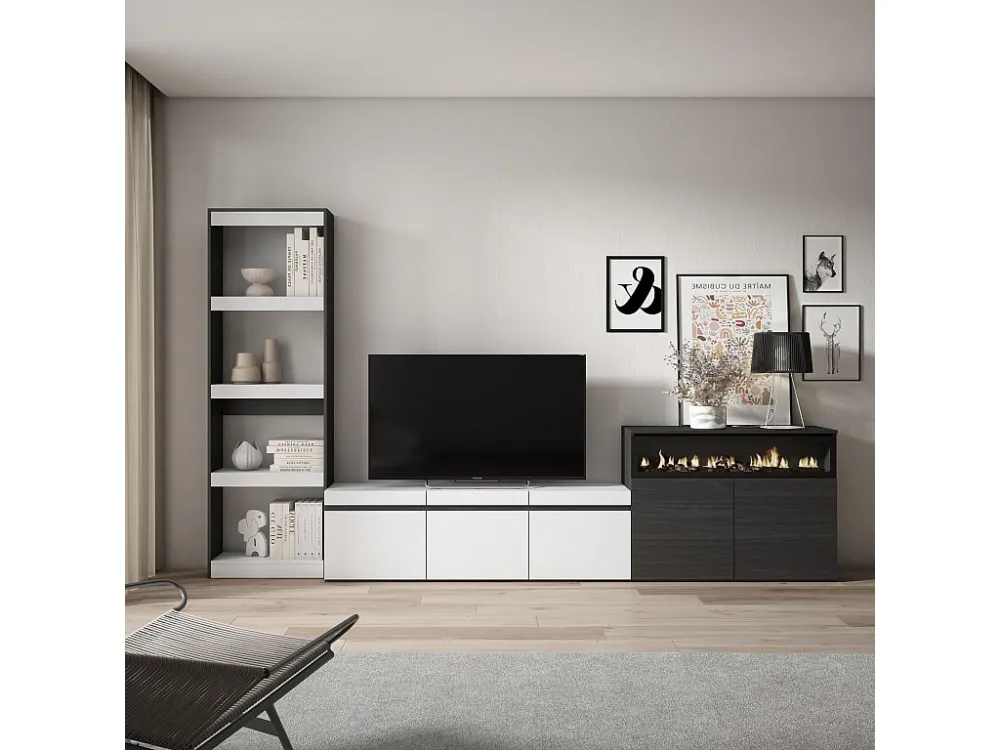 Meubels voor woonkamer, 310x186x35cm, Voor tv's tot 65", Elektrische haard, Wit en Zwart Skraut Home