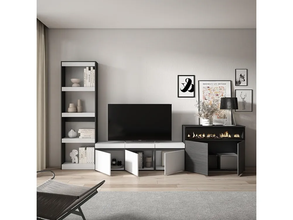 Meubels voor woonkamer, 310x186x35cm, Voor tv's tot 65", Elektrische haard, Wit en Zwart Skraut Home