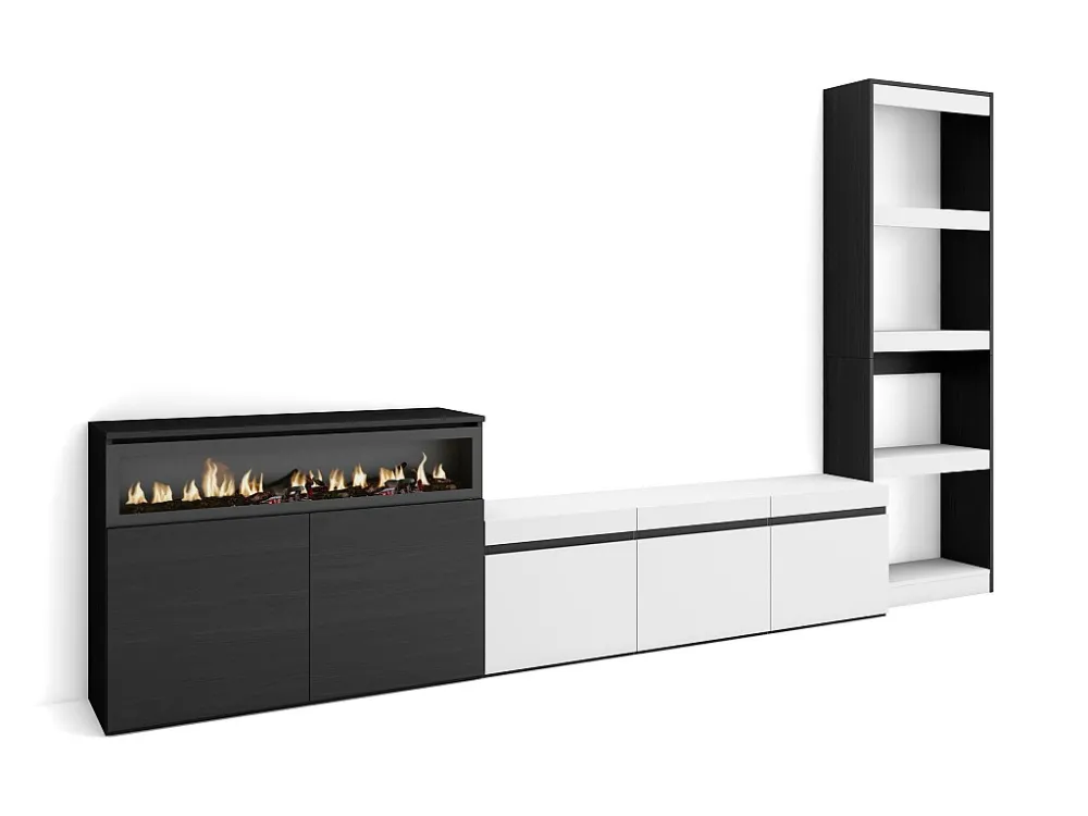 Meubels voor woonkamer, 310x186x35cm, Voor tv's tot 65", Elektrische haard, Wit en Zwart Skraut Home