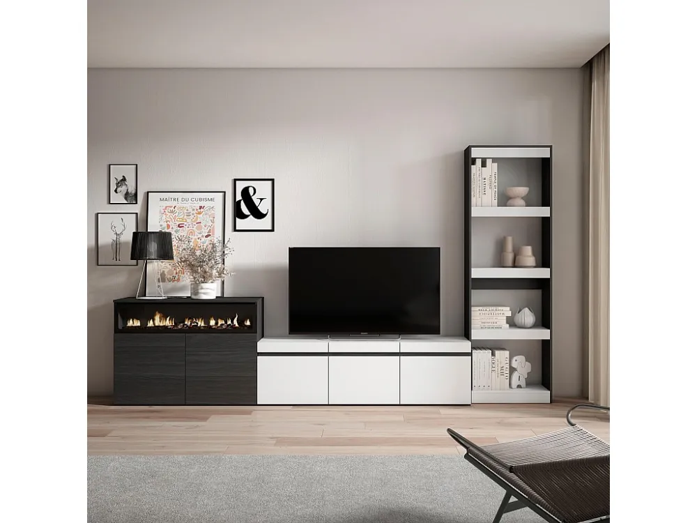 Meubels voor woonkamer, 310x186x35cm, Voor tv's tot 65", Elektrische haard, Wit en Zwart Skraut Home