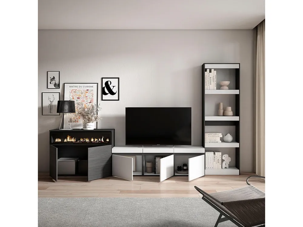 Meubels voor woonkamer, 310x186x35cm, Voor tv's tot 65", Elektrische haard, Wit en Zwart Skraut Home