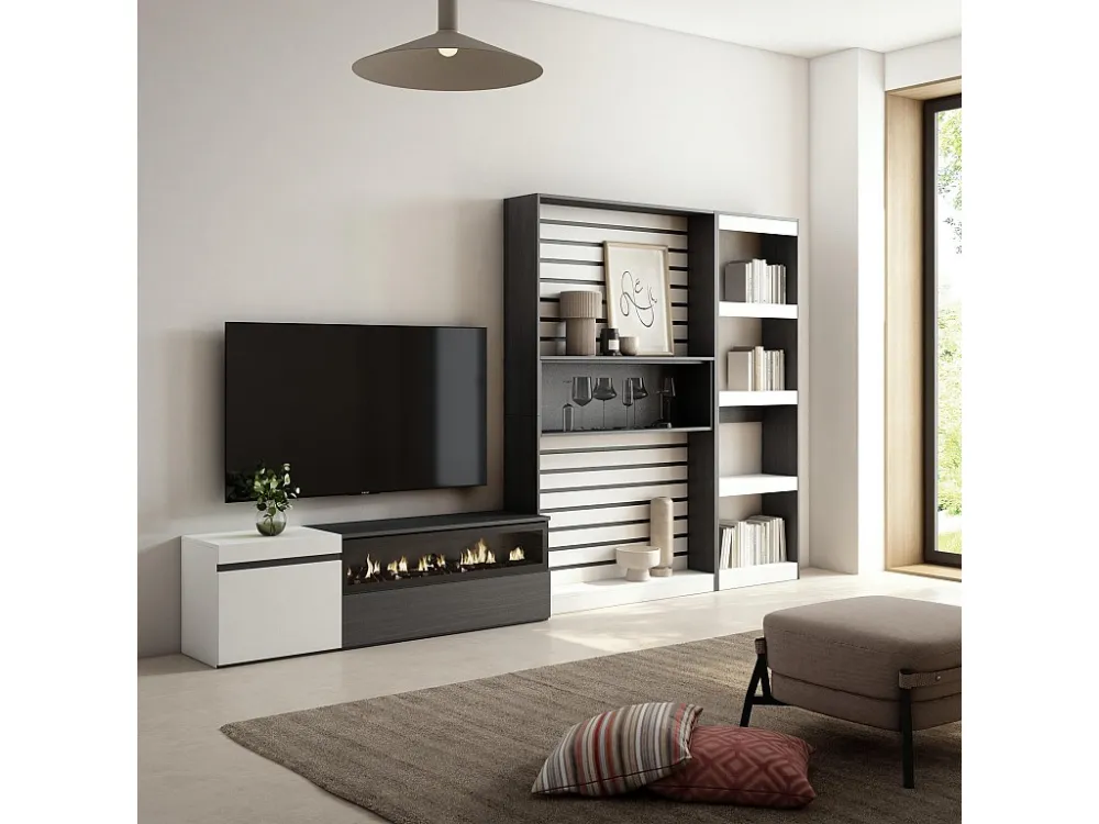 Meubels voor woonkamer, 320x186x35cm, Elektrische haard, Wit en Zwart Skraut Home