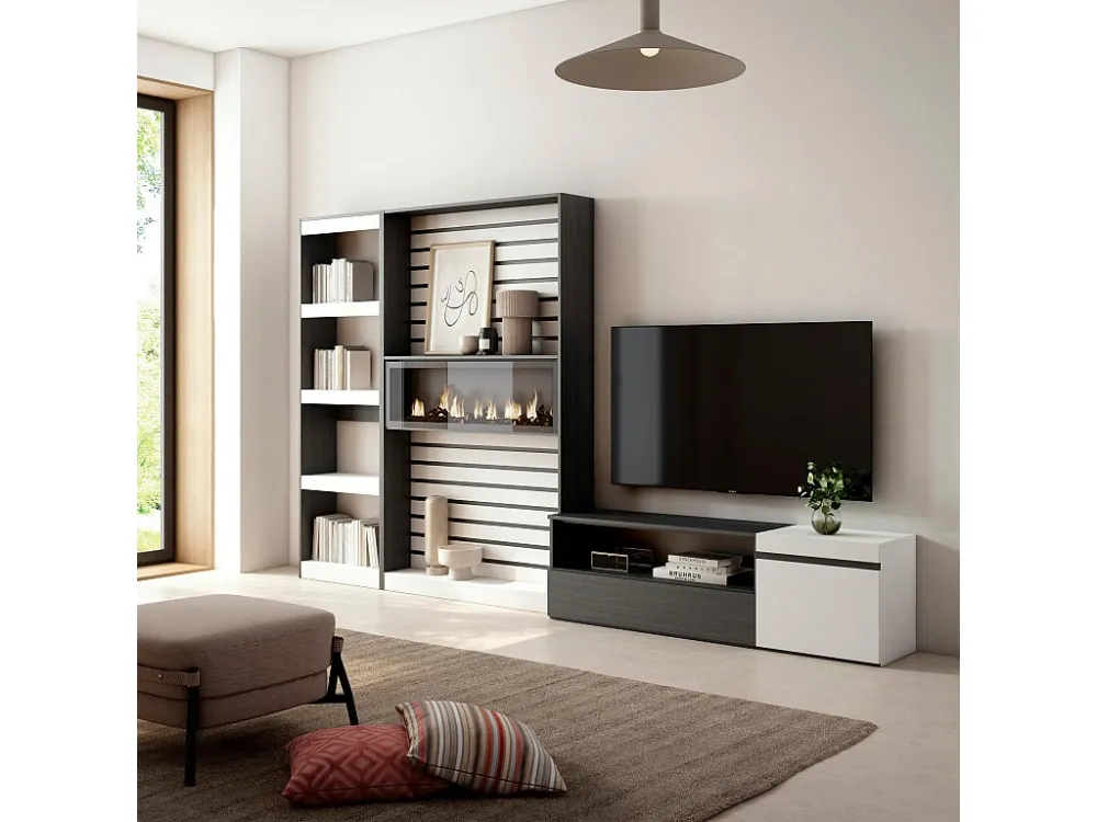 Meubels voor woonkamer, 320x186x35cm, Elektrische haard, Wit en Zwart Skraut Home