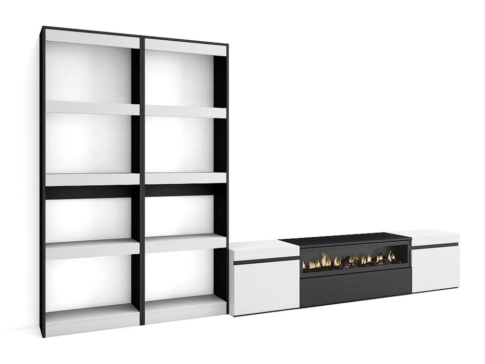 Meubels voor woonkamer, 320x186x35cm, Voor tv's tot 80", Elektrische haard, Wit en Zwart Skraut Home
