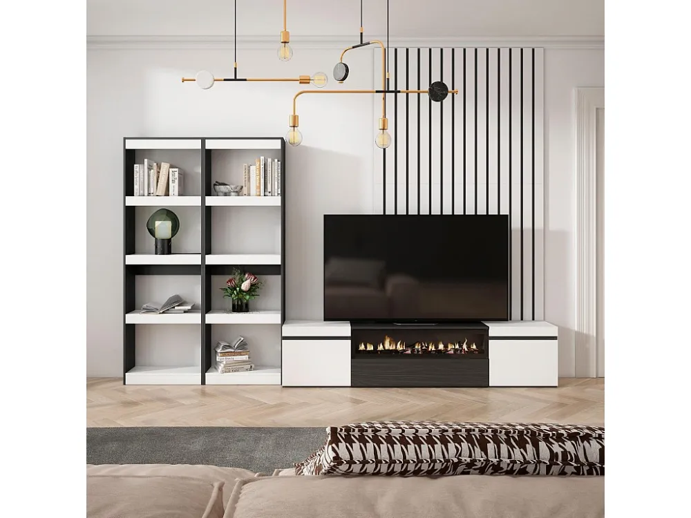 Meubels voor woonkamer, 320x186x35cm, Voor tv's tot 80", Elektrische haard, Wit en Zwart Skraut Home